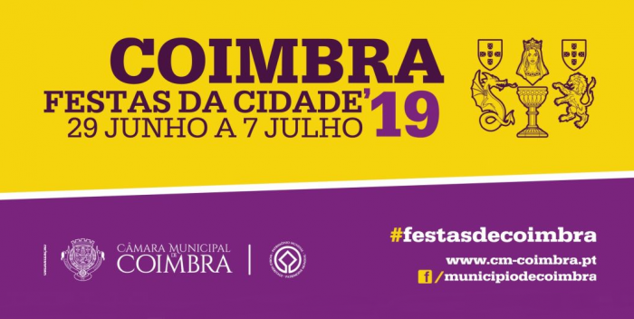 As Festas da Cidade de Coimbra 2019, decorrem de 29 de Junho a 7 de Julho. São nove dias com um programa atrativo e repleto das mais variadas iniciativas, na sua maioria gratuitas, que irão decorrer em espaços emblemáticos da cidade, tais como o Jardim da Sereia, o Parque Verde do Mondego, a Praça do Comércio, o Convento São Francisco ou o Terreiro da Erva.