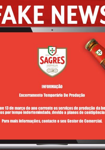 Uma notícia falsa circula nas redes sociais, e por isso, recebemos há momentos informação da Central de Cervejas, que a mesma começou a surgir hoje de manhã, e com origem ainda não identificada, uma informação sobre a Cerveja Sagres partilhada na plataforma WhatsApp.