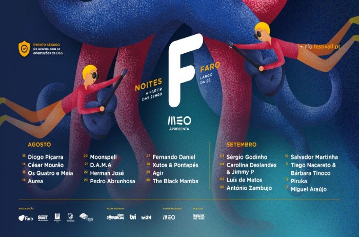 Noites F, uma celebração do Festival F em 20 espectáculos de música, humor e magia, com lotação reduzida, lugares sentados e respeitando todas as normas impostas pela Direção Geral de Saúde (DGS), que vai decorrer em Faro, no Largo da Sé, na Vila Adentro, de 13 de agosto a 13 de setembro.