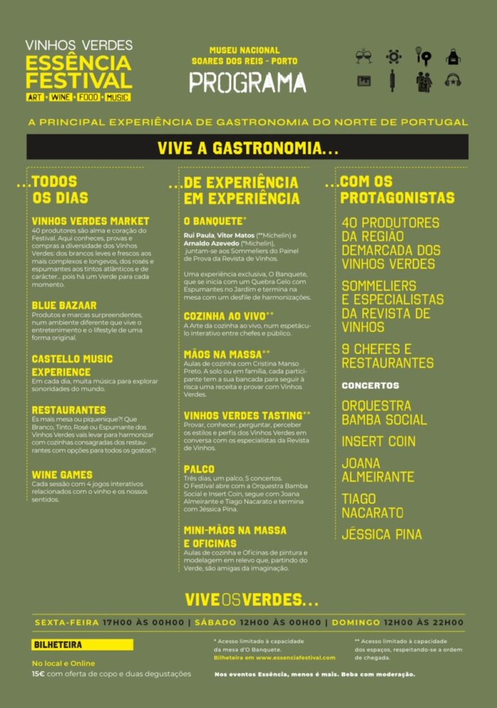 ESSÊNCIA FESTIVAL 2024 | PORTO - O Essência Festival 2024, a principal experiência de gastronomia regressa, de 28 a 30 de junho à cidade do Porto, no Jardim do Museu Nacional Soares dos Reis. O cartaz alia a gastronomia a outros momentos absolutamente tentadores, que incluem os Vinhos Verdes e concertos.