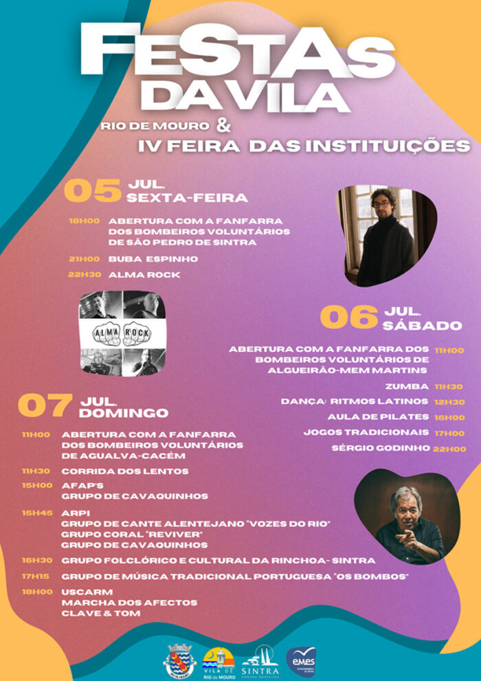 FESTAS DA VILA DE RIO DE MOURO 2024 - As Festas da Vila de Rio de Mouro e IV Feira das Instituições, realiza-se nos 05, 06 e 07 de julho, no parque de estacionamento da EMES,  junto à Estação da CP de Rio Mouro.