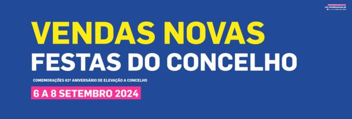 FESTAS DO CONCELHO 2024 | VENDAS NOVAS - As Festas do Concelho 2024 de Vendas Novas, realizam-se nos dias 06, 07 e 08 de setembro. Vendas Novas celebra no dia 07 de setembro, o 62º aniversário da sua elevação a concelho, tendo preparado um programa de festividades, que vão decorrer na Parada D. Pedro V.