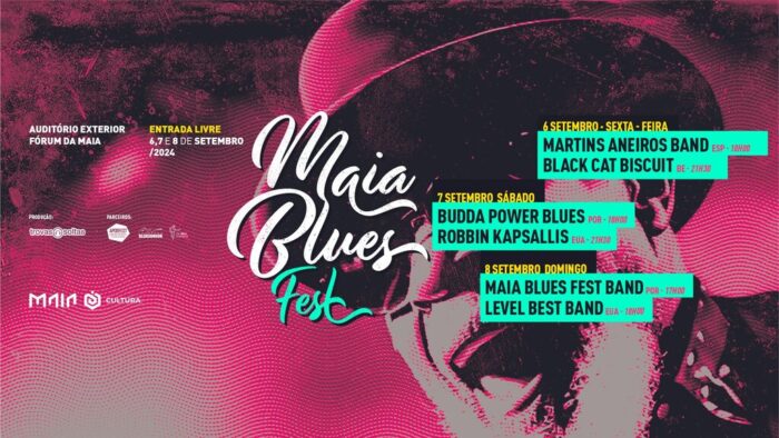 MAIA BLUES FEST 2024 - A 6ª edição do Maia Blues Fest – Festival Internacional de Blues da Maia, vai decorrer entre os dias 6 e 8 de setembro no Auditório Exterior do Fórum da Maia, com entrada livre. Este festival é promovido pelo Pelouro da Cultura da Câmara Municipal da Maia com produção da Trovas Soltas.