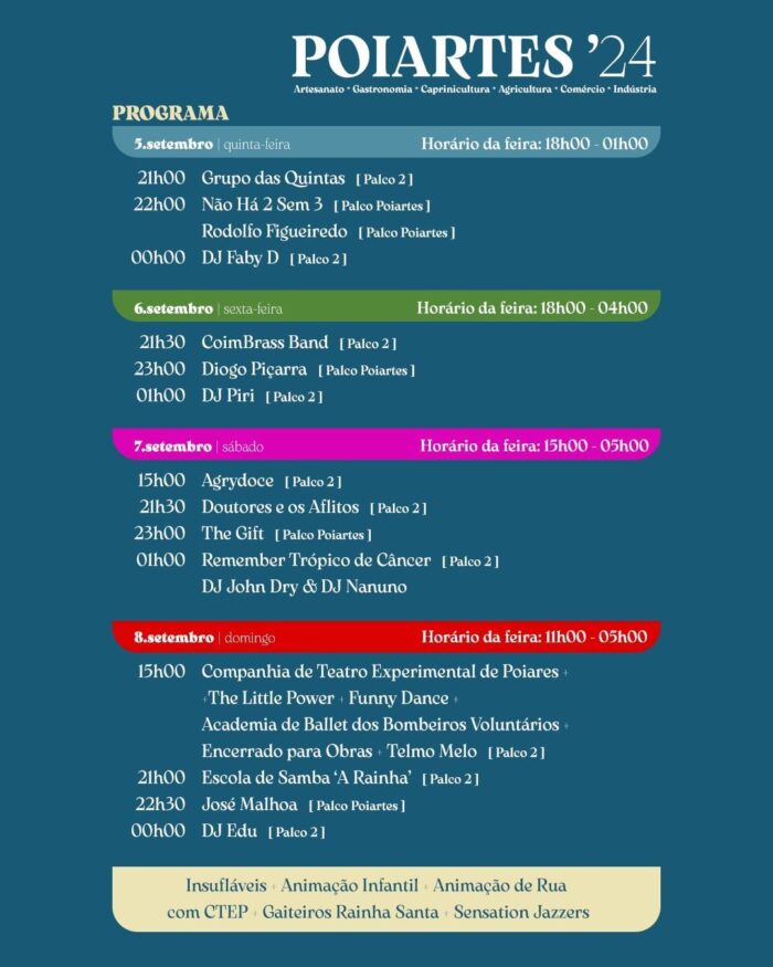 POIARTES 2024 | VILA NOVA DE POIARES - A POIARTES 2024 vai decorrer de 05 a 08 de setembro na Alameda Santo André em Vila Nova de Poiares, com entrada livre. Afirmando-se cada vez mais como um evento de referência para o Concelho e para toda a região, tem vindo, ano após ano revelado grande melhoria e com um crescente impacto na região e no país.