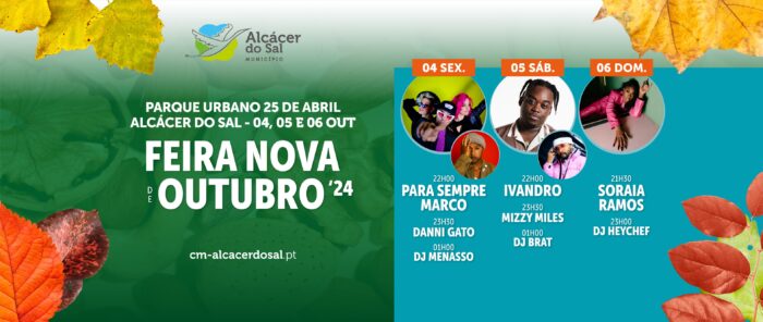 FEIRA NOVA DE OUTUBRO 2024 | ALCÁCER DO SAL - A Feira Nova de Outubro 2024, vai decorrer nos dias 04, 05 e 06 de outubro, no Parque Urbano 25 de Abril em Alcácer do Sal, uma feira vibrante, cheia de cor e tradição.