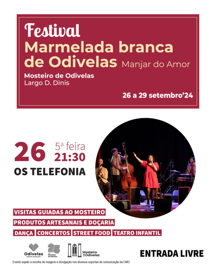 FESTIVAL DA MARMELADA BRANCA DE ODIVELAS 2024 - Odivelas acolhe o Festival da Marmelada Branca de Odivelas, um evento de caráter gastronómico em que a marmelada branca e a doçaria conventual adquirem papel de relevo dado o seu lugar na história de Odivelas. O evento decorre nos dias 26, 27, 28 e 29 de setembro, no Largo D. Dinis, em Odivelas.