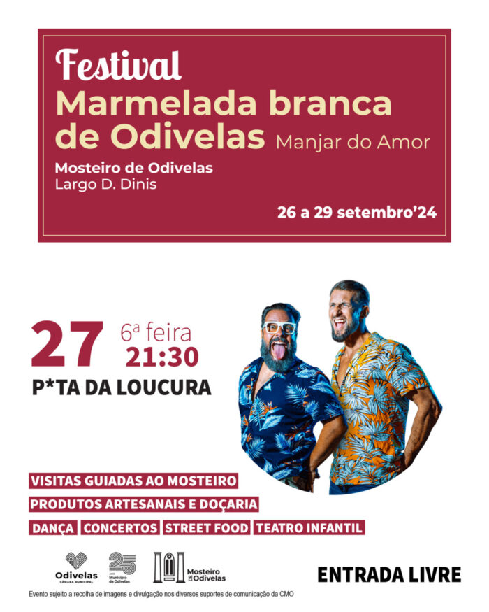 FESTIVAL DA MARMELADA BRANCA DE ODIVELAS 2024 - Odivelas acolhe o Festival da Marmelada Branca de Odivelas, um evento de caráter gastronómico em que a marmelada branca e a doçaria conventual adquirem papel de relevo dado o seu lugar na história de Odivelas. O evento decorre nos dias 26, 27, 28 e 29 de setembro, no Largo D. Dinis, em Odivelas.