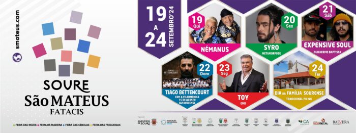 SÃO MATEUS FATACIS 2024 | SOURE - As Festas de SÃO MATEUS FATACIS 2024, organizadas pela Câmara Municipal de Soure, vão decorrer de 19 a 24 de setembro, sendo o dia 21, coincidente com o feriado Municipal Concelhio.