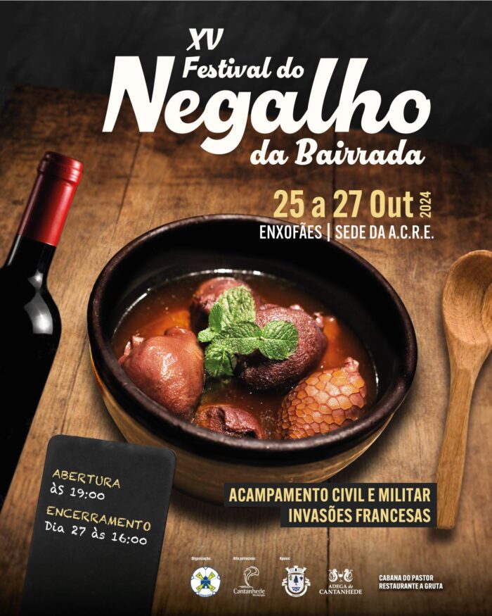 XV FESTIVAL DO NEGALHO DA BAIRRADA 2024 - Vai decorrer de 25 a 27 de outubro, na sede da Associação Cultural e Recreativa de Enxofães, Murtede, concelho de Cantanhede, o XV Festival do Negalho da Bairrada.