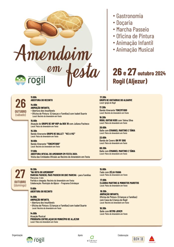 AMENDOIM EM FESTA 2024 | ROGIL - A terceira edição do Amendoim em Festa 2024 em Rogil, vai decorrer nos dias 26 e 27 de outubro. Este evento pretende ser uma oportunidade para a promoção e comercialização do Amendoim, como produto de excelência produzido na Freguesia do Rogil, contribuindo assim para promover a economia local, as tradições e o turismo.