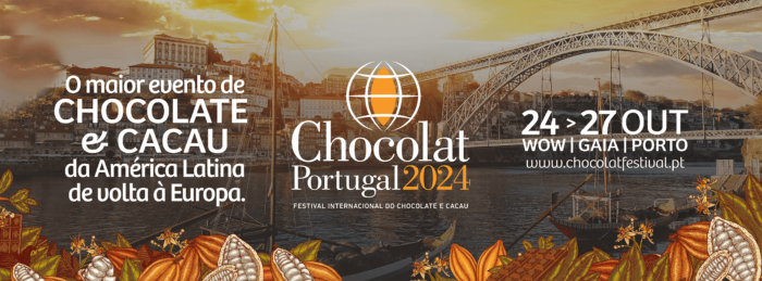 CHOCOLAT FESTIVAL 2024 | WOW PORTO - A 3ª edição portuguesa do Chocolat Festival (Festival Internacional do Chocolate e Cacau), vai decorrer de 24 a 27 de outubro no WOW Porto, em Vila Nova de Gaia. A entrada é livre.