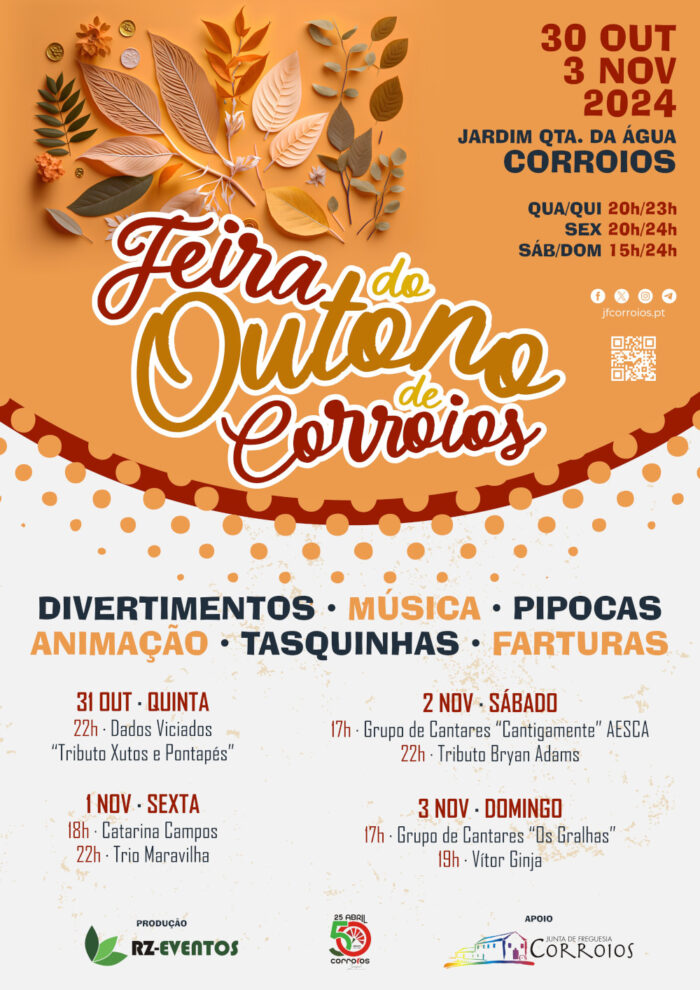 FEIRA DE OUTONO DE CORROIOS 2024 - A Feira de Outono de Corroios, realiza-se no Jardim Quinta da Água em Corroios, de 30 de outubro a 03 de novembro. Haverá muitas razões para se divertir, com divertimentos, música, animação, tasquinhas e farturas.