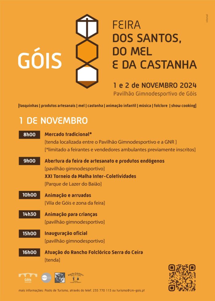 FEIRA DOS SANTOS, DO MEL E DA CASTANHA 2024 | GÓIS - Em Góis, não há outono sem a típica Feira dos Santos, do Mel e da Castanha, este ano, com uma programação de dois dias – 1 e 2 de novembro – recheada de muitas surpresas e animação para toda a família.