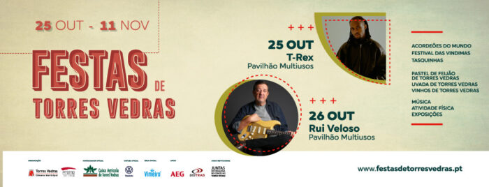 FESTAS DE TORRES VEDRAS 2024 - As Festas de Torres Vedras 2024 realizam-se de 25 de outubro a 11 de novembro, na Expotorres em Torres Vedras. O evento inicia-se com dois grandes concertos de artistas nacionalmente conhecidos. T-Rex e Rui Veloso, sobem ao palco nos dias 25 e 26 de outubro respetivamente.