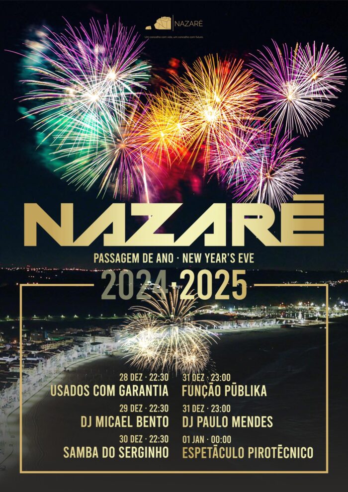 NAZARÉ PASSAGEM DE ANO 2024-2025 - A Nazaré vai receber o novo ano com uma festa que começará a 28 de dezembro e só terminará no dia 01 de Janeiro de 2025. Usados com Garantia, Samba do Serginho e Função Públika são alguns dos convidados. A entrada é livre.