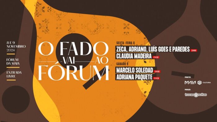 O FADO VAI AO FÓRUM | MAIA 2024 - O Fado Vai ao Fórum realiza-se nos dias 08 e 09 de novembro, no Grande Auditório do Fórum da Maia, numa iniciativa da Câmara Municipal da Maia, com produção Trovas Soltas, onde se pretende homenagear o coração e a alma do povo português, o Fado. A entrada é livre.