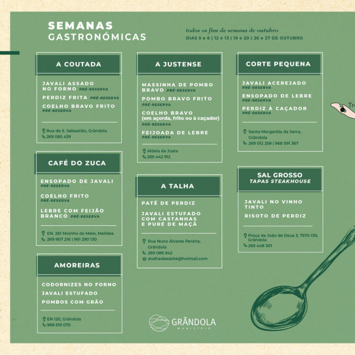 SABERES E SABORES - JAVALIS E OUTRAS CAÇAS 2024 - Durante todos os fins-de-semana de outubro, 05 e 06, 12 e 13, 19 e 20, 26 e 27, vão decorrer no âmbito do evento Saberes e Sabores, as Semanas Gastronómicas do Javali e outras caças à mesa dos restaurantes em Grândola.