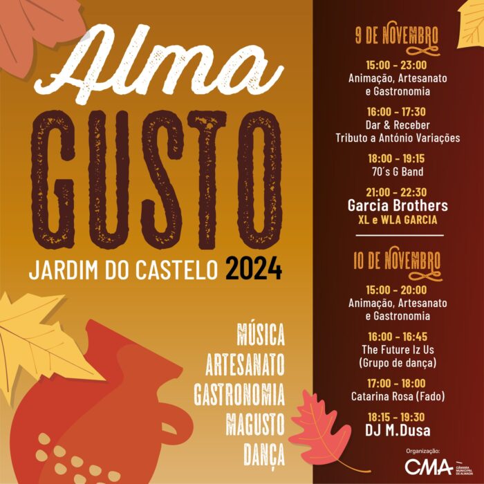 ALMA GUSTO 2024 | ALMADA - Celebre o São Martinho no Jardim do Castelo em Almada, com música, feira de artesanato, gastronomia, dança e magusto nos dias 09 e 10 de novembro. O programa é extenso e começa a partir das 15h, em ambos os dias. 