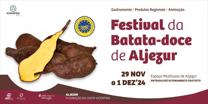 FESTIVAL DA BATATA-DOCE DE ALJEZUR 2024 - O Festival da Batata-Doce de Aljezur 2024 vai decorrer de 29 de novembro a 01 de dezembro. A gastronomia, tradição e cultura voltam a estar em evidência no Espaço Multiusos de Aljezur, com mais uma edição deste festival.