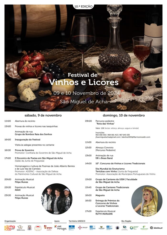 X FESTIVAL DE VINHOS E LICORES 2024 - O X Festival de Vinhos e Licores , em São Miguel de Acha, concelho de Idanha-a-Nova vai decorrer nos dias 9 e 10 de novembro. Os melhores sabores da Bio-Região de Idanha-a-Nova e de todo o país, num evento recheado de animação!