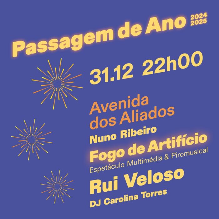 PORTO PASSAGEM DE ANO 2024-2025 - O Porto tem já tudo preparado para a chegada do novo ano de 2025. As festas de Passagem de Ano dividem-se, este ano, por dois palcos, instalados na Avenida dos Aliados e no Palácio de Cristal. À meia-noite o tradicional espetáculo de fogo de artifício será lançado a partir da Câmara Municipal, acompanhado de uma vertente multimédia e musical.